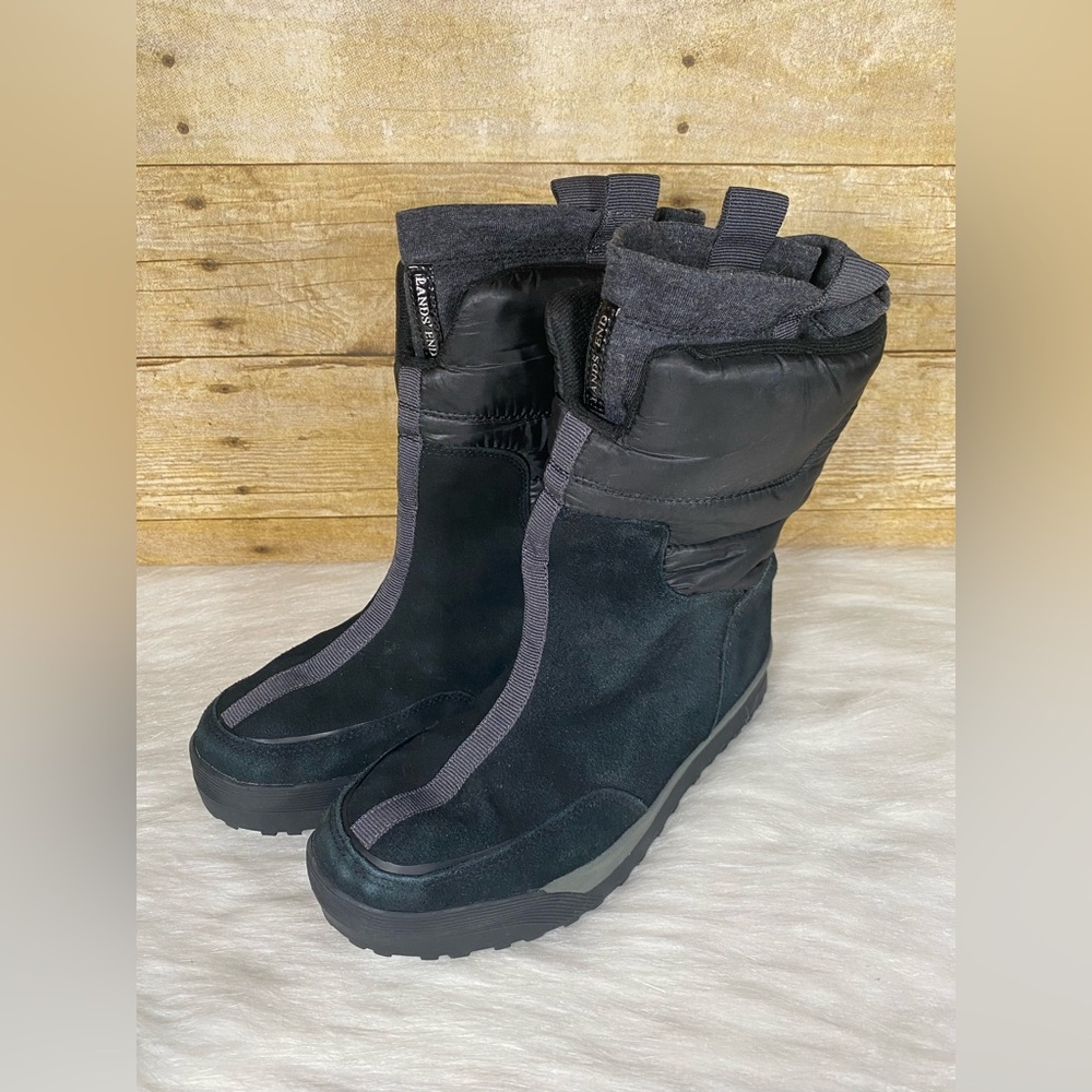 LANDS END Winter Snow Boots Black Suede Pull On Womens Size 6.5B